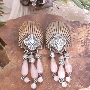 Deco Inspired Antique Brass & Silver w Natural Rose Quartz Dangle Post Earrings